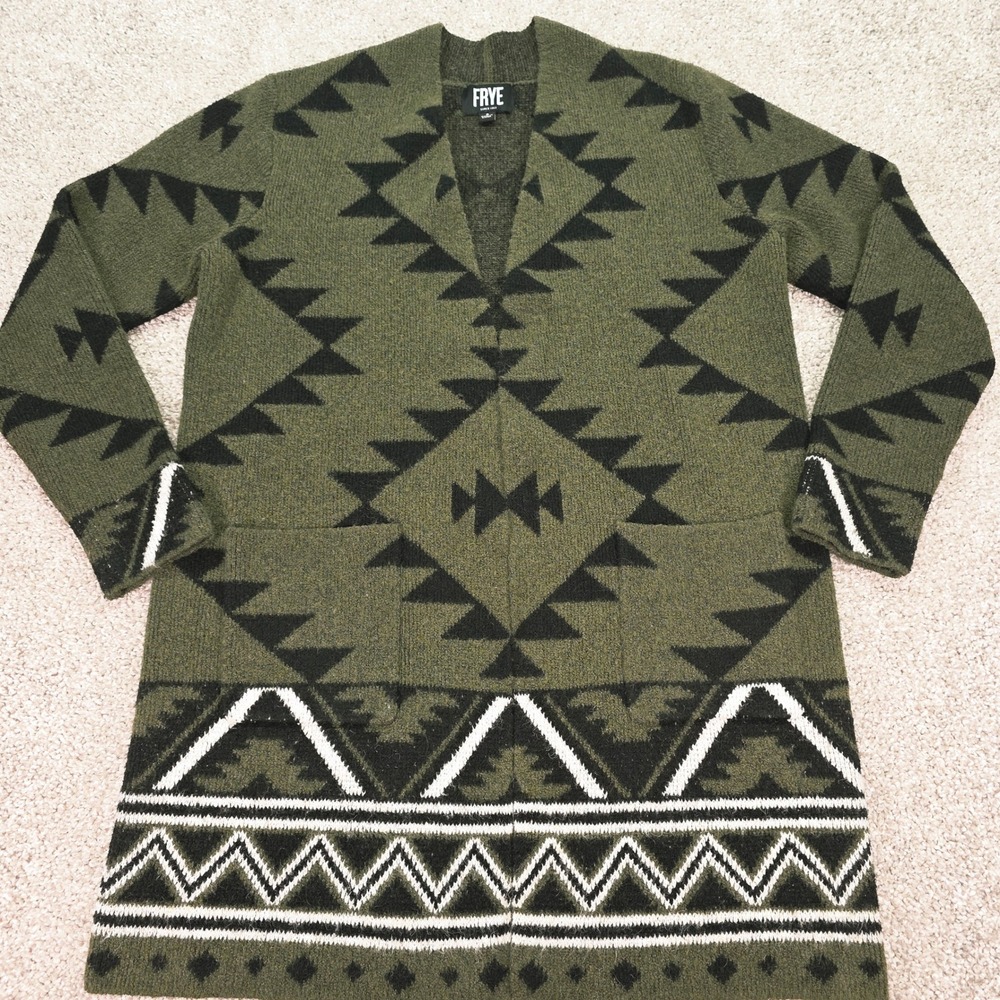 Frye Womens Olive Green Southwestern Geometric Open Front Duster Cardigan Size S